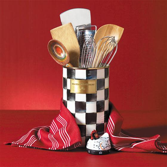 Heavy-gauge steel Courtly Check enamel utensil holder with bronzed stainless rim