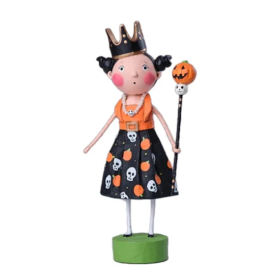 Lori Mitchell Halloween Queen figurine in a skull and pumpkin dress holding a jack-o-lantern staff.
