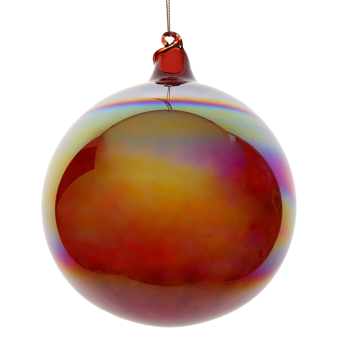 150mm iridescent glass ball ornament in gold and teak with a reflective, luminous finish.