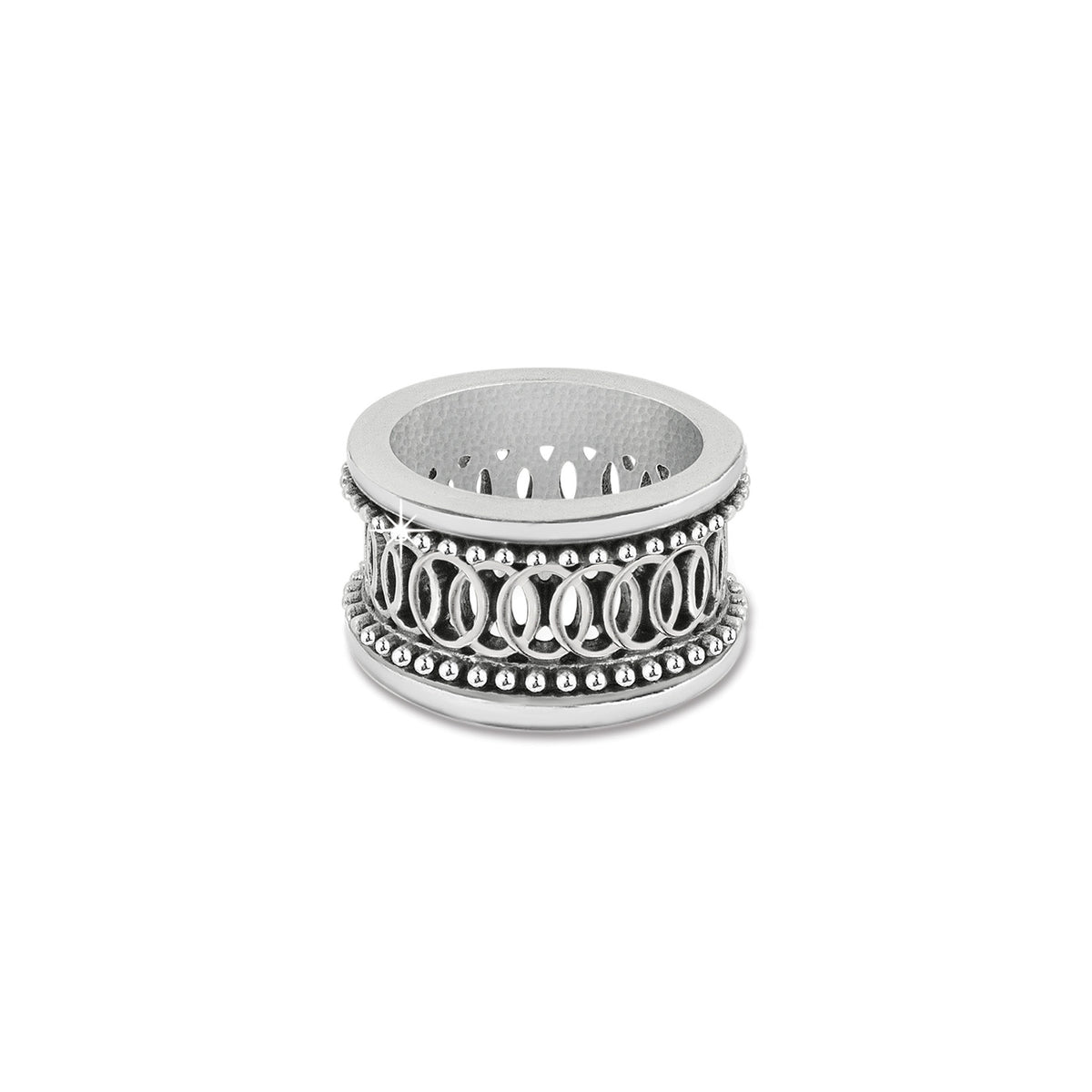 Ferrara Siena silver plated ring with intricate openwork scroll design and beaded edges.
