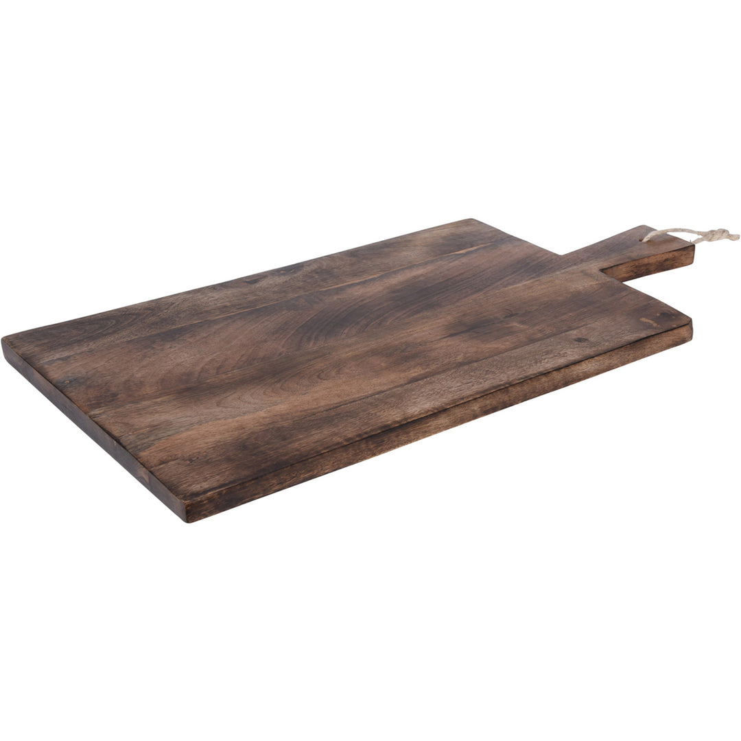 Rectangular brown wood chopping board with a handle and hanging rope, 61x30cm.