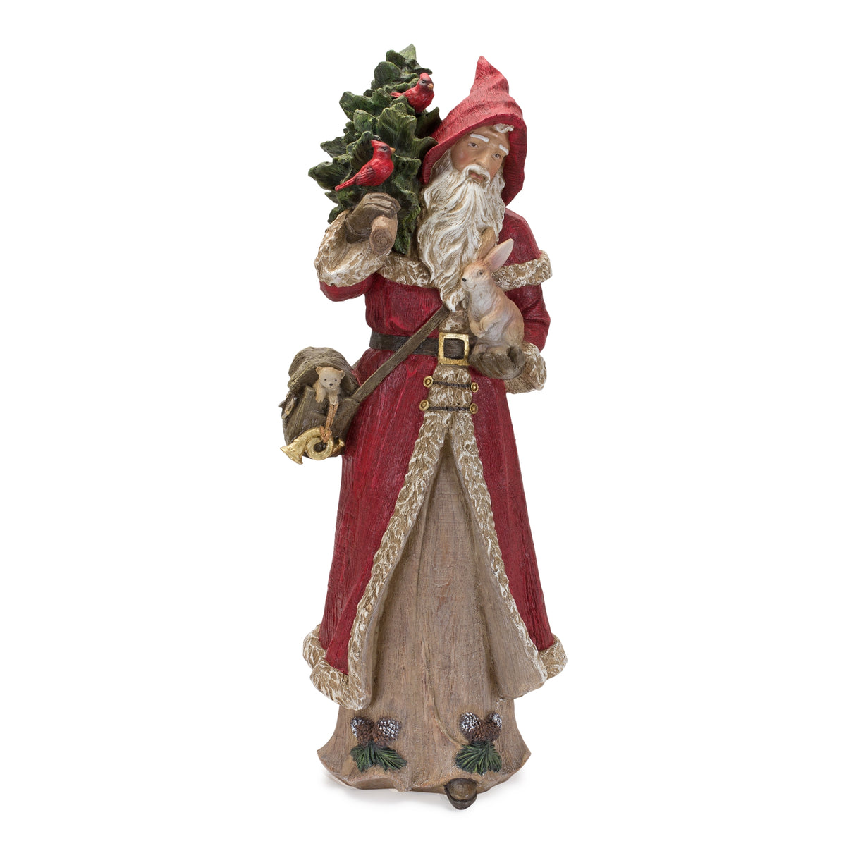 20.65-inch tall resin Santa figurine holding a tree and rabbit, wearing a red hooded robe.