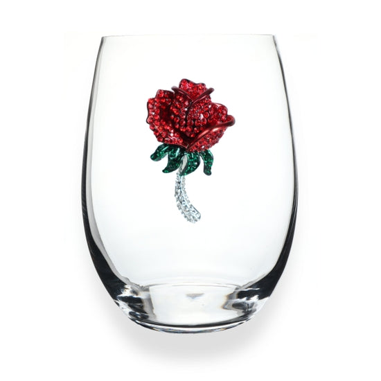 Handcrafted stemless wine glass with jeweled embellishments around the rim in clear crystal.