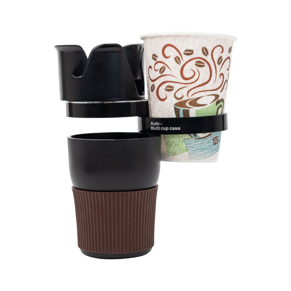 Black rotating car cup holder caddy with non-slip base storing keys.