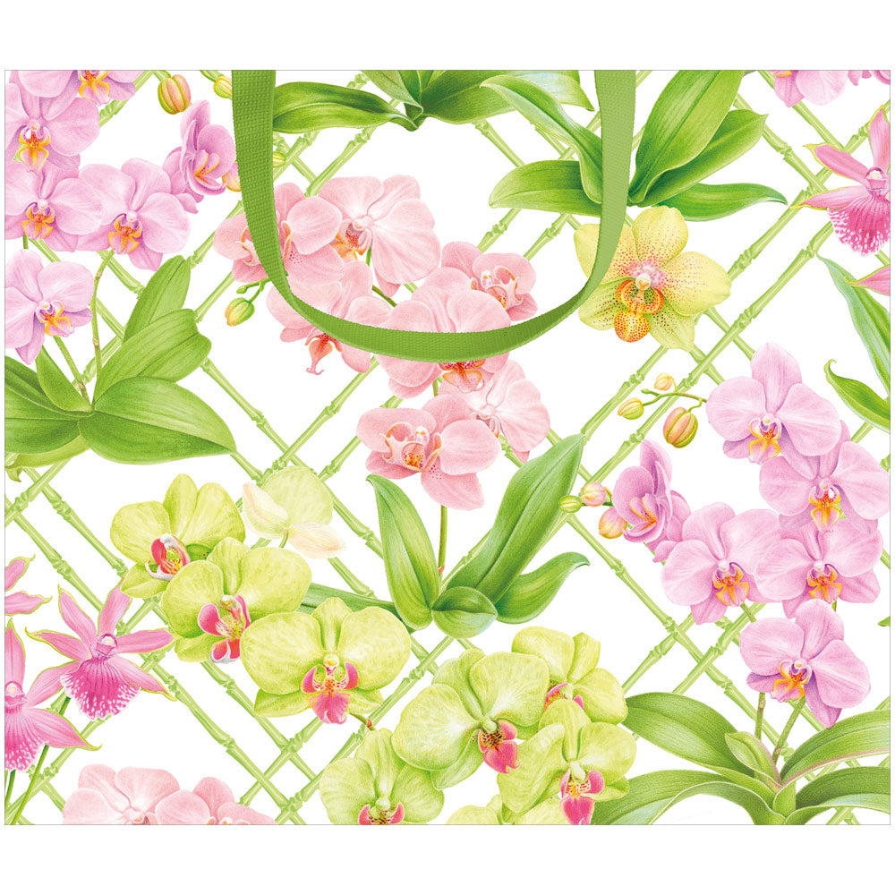 Large horizontal gift bag in orchid conservatory print with durable paper texture and strong carrying handle.