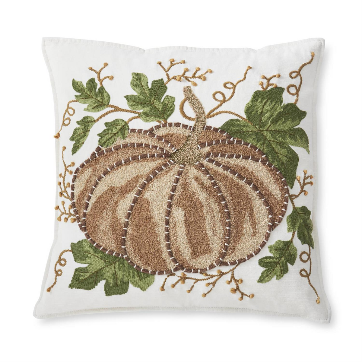 18-inch square white pillow with an embroidered brown pumpkin, green leaves, and gold vines.