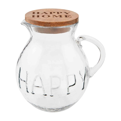 Clear glass Happy Pitcher with a wide cylindrical body and handle