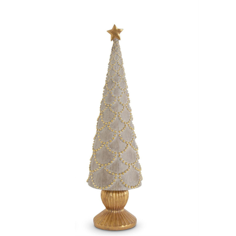 Tan resin tabletop Christmas tree with gold scalloped bead details and a gold star topper.