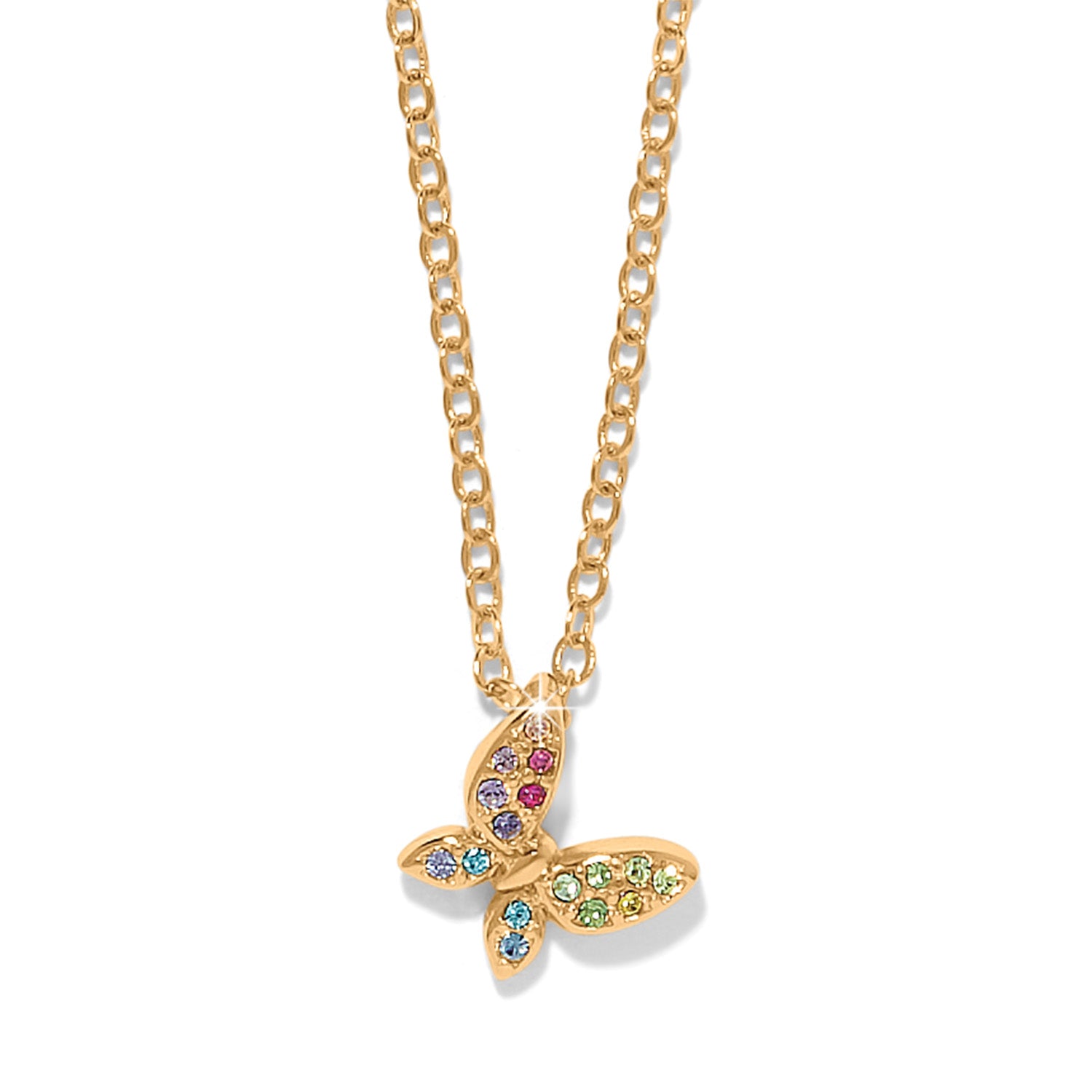 Gold plated adjustable necklace with a pendant featuring fine quality crystal butterflies.