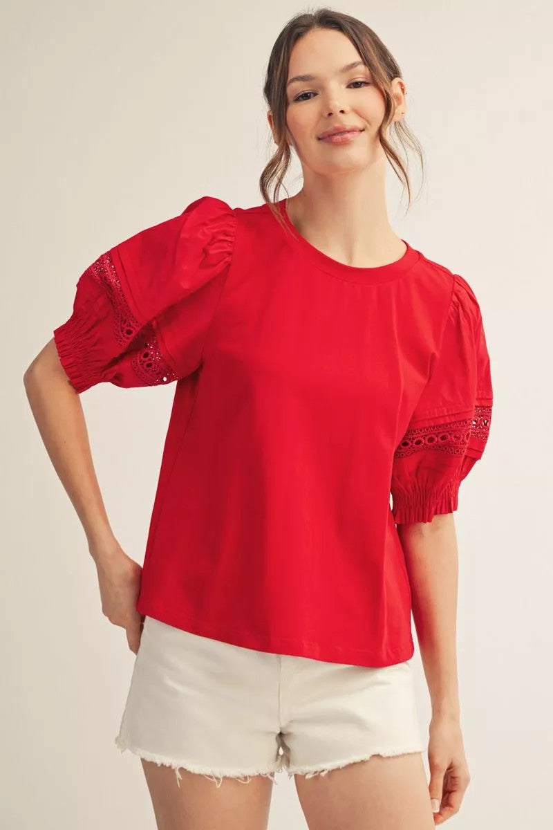 Madison top in solid fabric mix with lace contrast accent on puff sleeves.