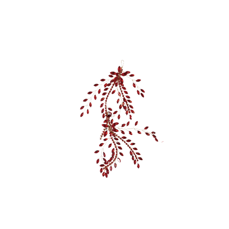 Red acrylic and wire jeweled ornament with zircon detail in a delicate leaf spray design.