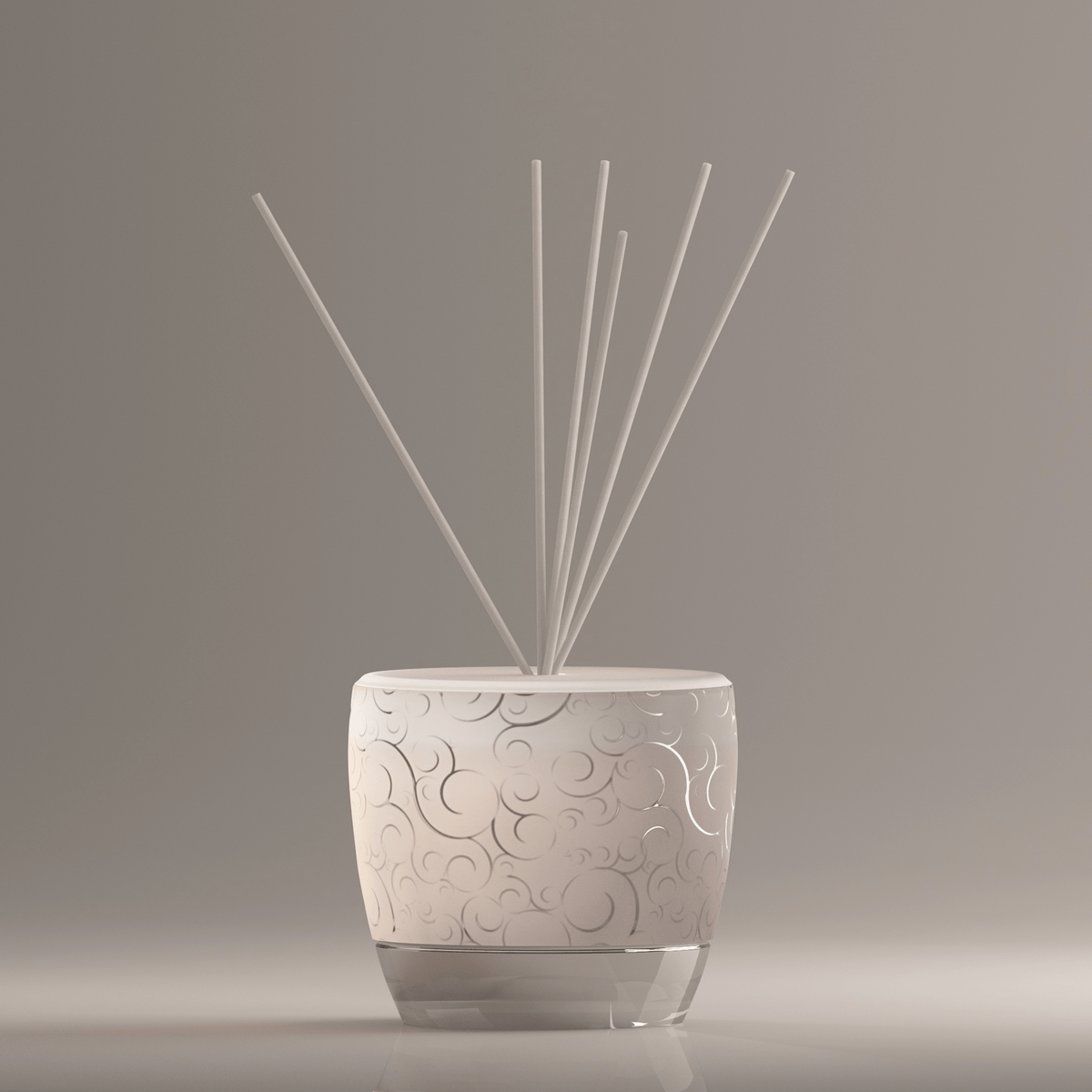 Madame Elixir reed diffuser bottle with clear glass body, amber liquid inside, and a bundle of natural rattan reeds.