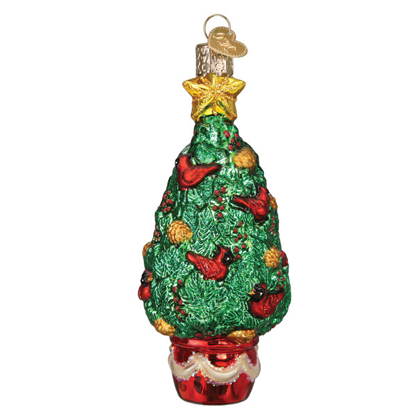 Cardinal Christmas Tree glass ornament with red birds, gold pinecones, and a star topper.