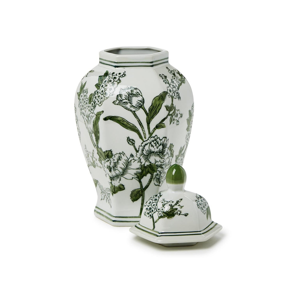 14-inch hexagonal white porcelain temple jar with green hand-painted primrose and lotus patterns.