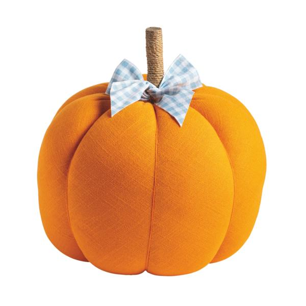 Orange fabric pumpkin with a jute-wrapped stem and a light blue gingham grosgrain ribbon bow.