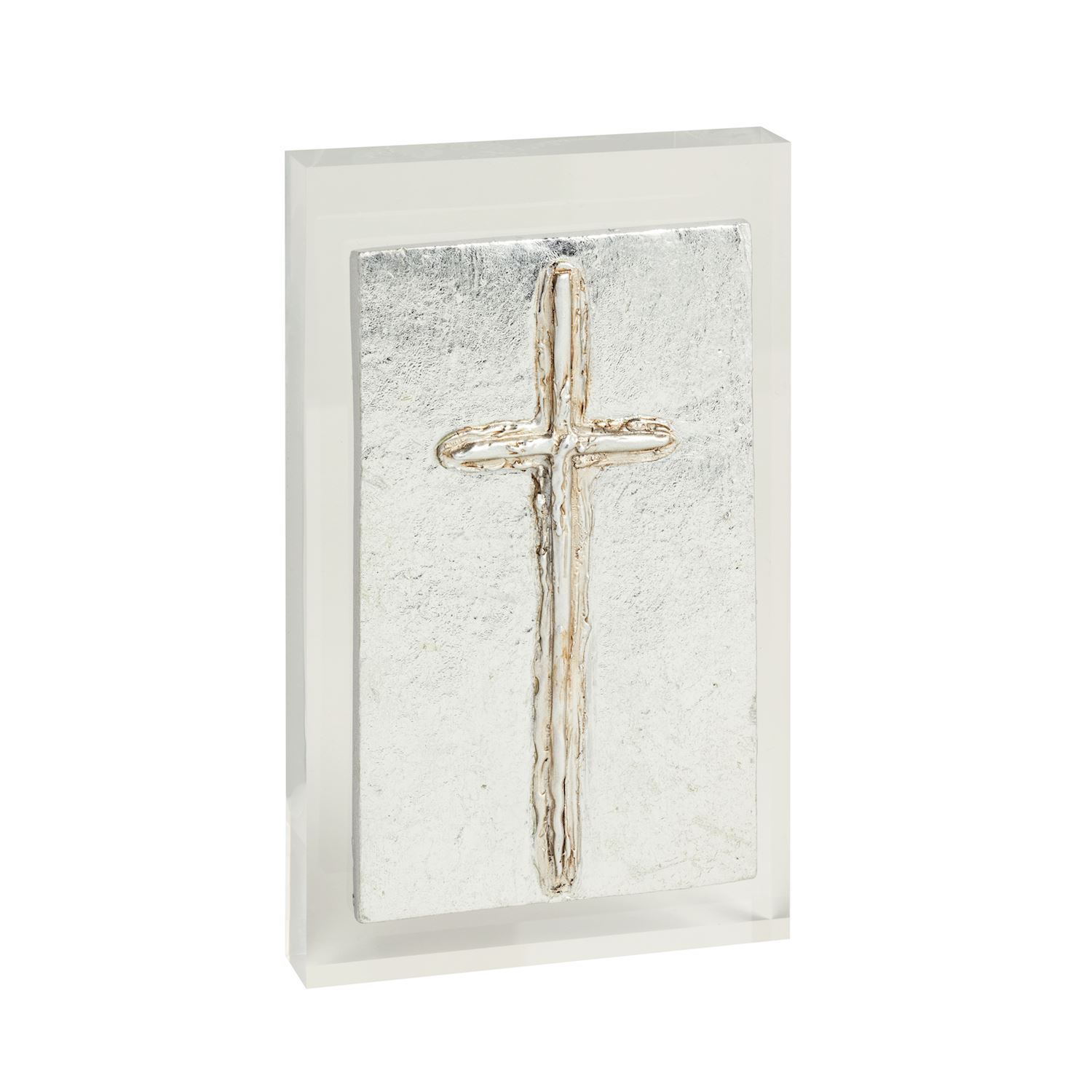 Acrylic plaque with a layered plaster surface featuring a hand-painted silver cross.