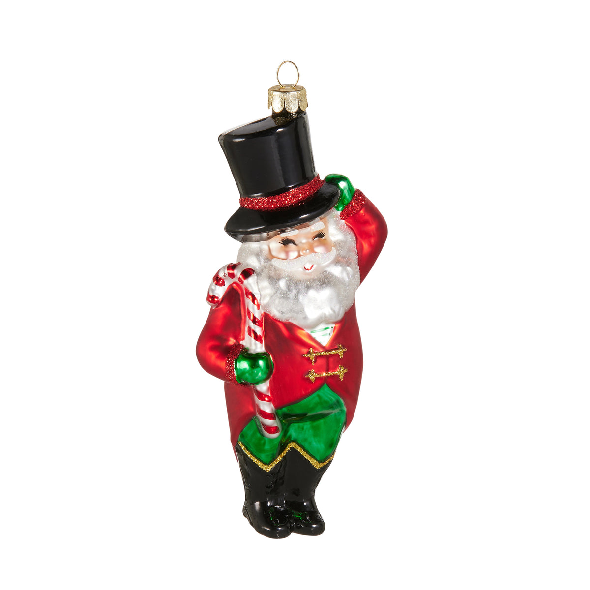 6-inch glass Holiday Circus Santa ornament wearing a black top hat and holding a candy cane.