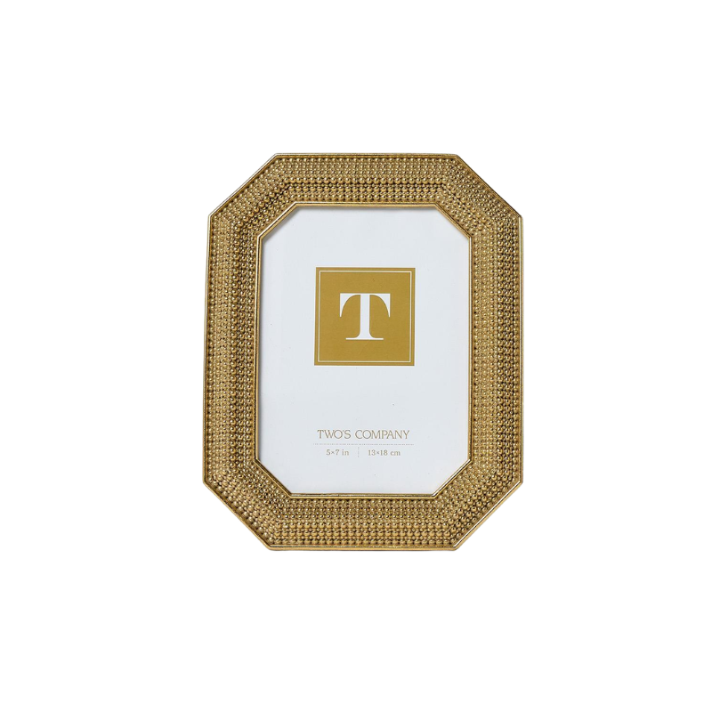 Octagonal gold beaded photo frame with a white insert showing 5x7 inch dimensions.