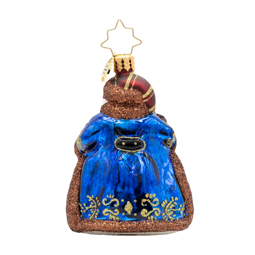 Back view of Keymaster Klaus Gem Santa ornament in navy blue with brown glitter trim.