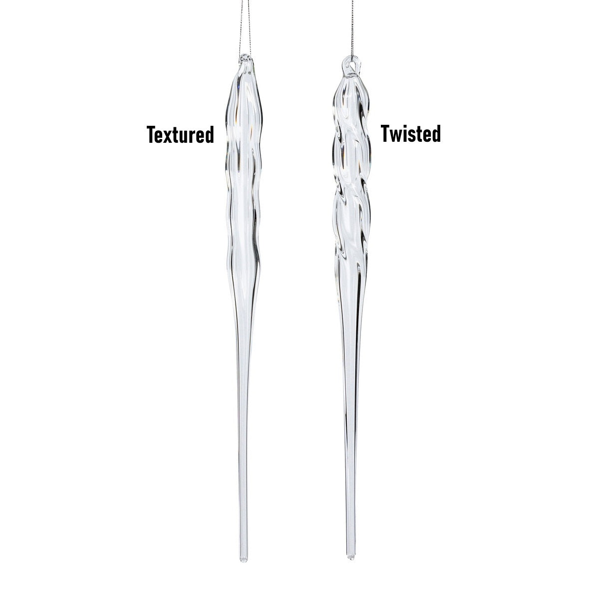 Two large glass icicle ornaments, one with a textured surface and one with a twisted design.