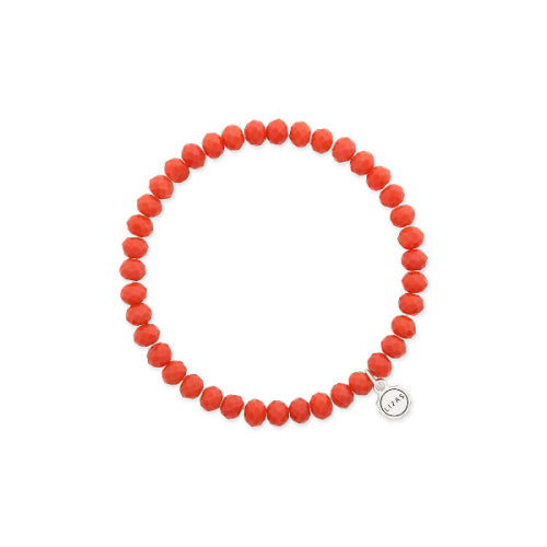 Stretchy beaded bracelet with faceted glass beads in a colorful pattern.