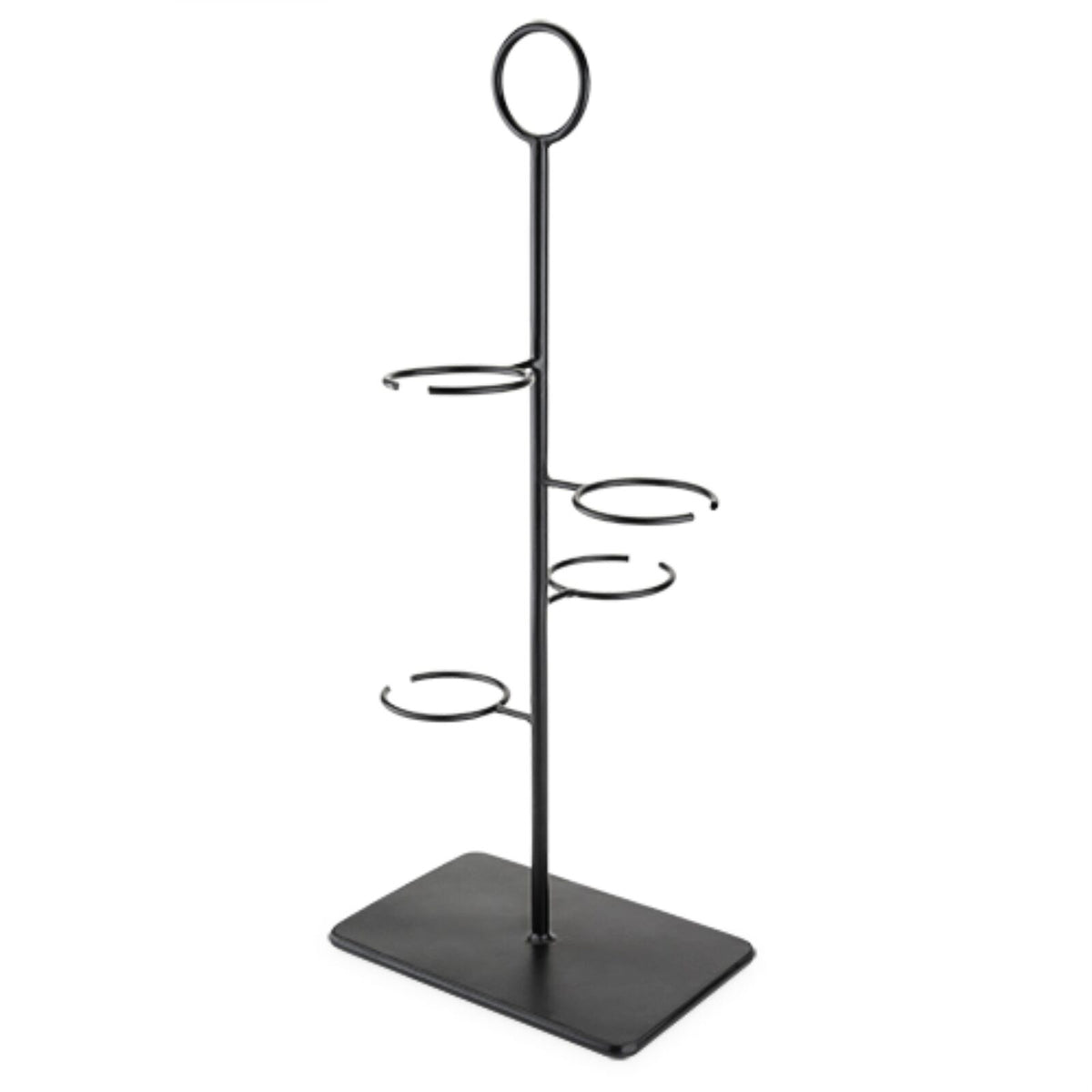 Iron wine flight stand holding four glasses with a decorative display design