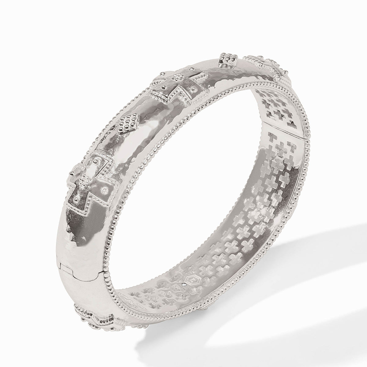Sleek Canterbury Hinge Bangle in polished silver metal with a structured silhouette and spring hinge closure.