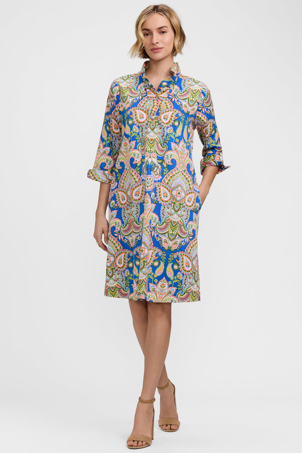 Relaxed fit Tammy Garden paisley print cotton dress with V-neck, three-quarter sleeves, side pockets, and straight hem slits.