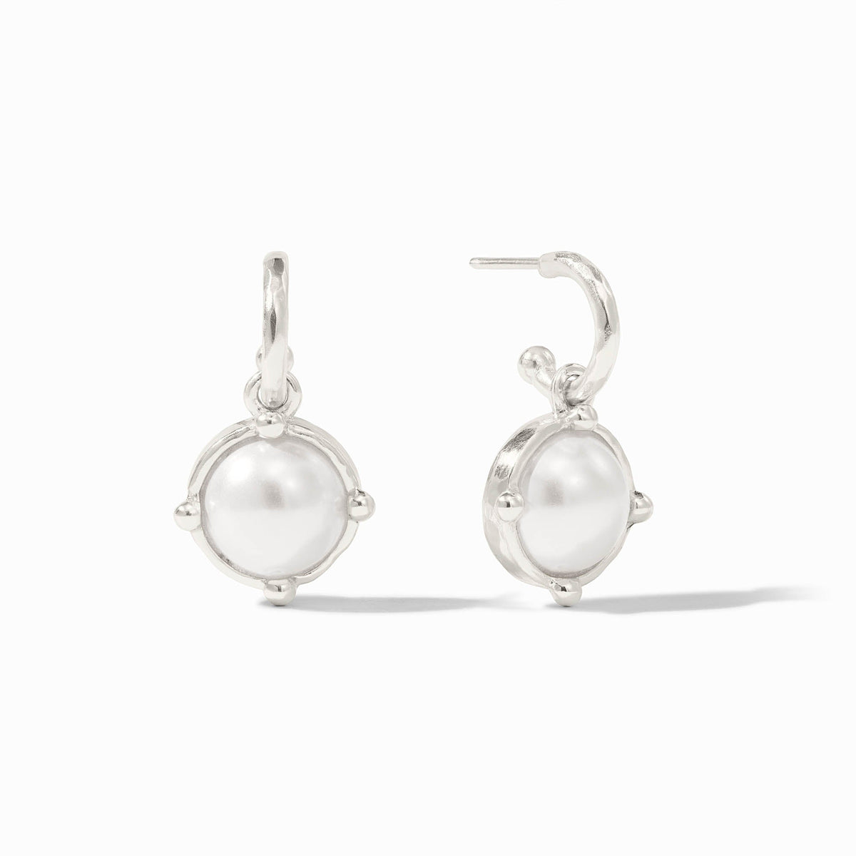 Honeybee hoop and charm silver earrings featuring a round white glass pearl in a silver setting.
