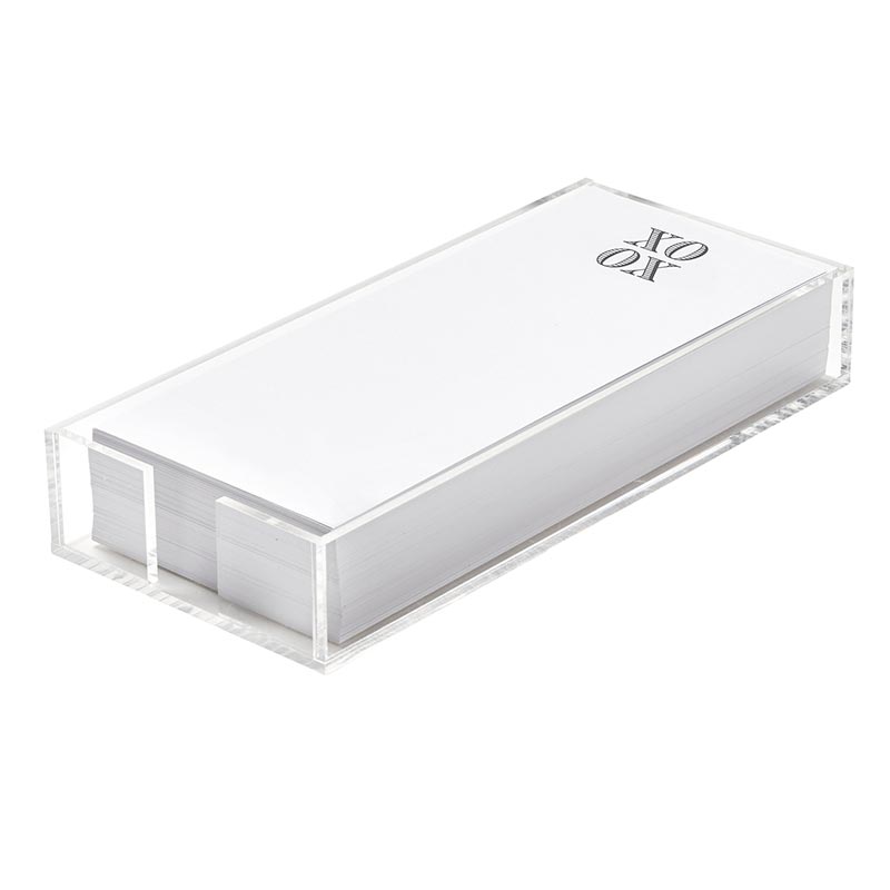 Clear acrylic notepaper tray holding loose-leaf paper inserts with simple messages