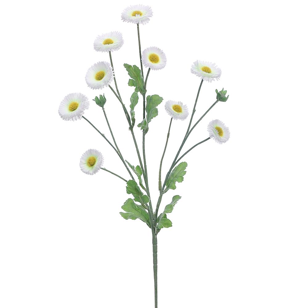 Polyester artificial aster daisy spray with plastic petals on wire stems in a natural cluster silhouette.