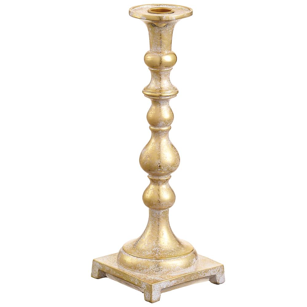 Antique gold taper candle holder with a distressed finish and a tiered, pedestal base.