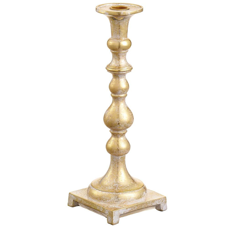 Antique gold taper candle holder with a distressed finish and a tiered, pedestal base.