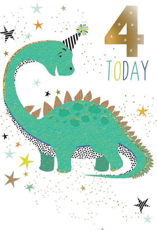 Sara Miller birthday card featuring a roaring dinosaur with glitter foil accents.