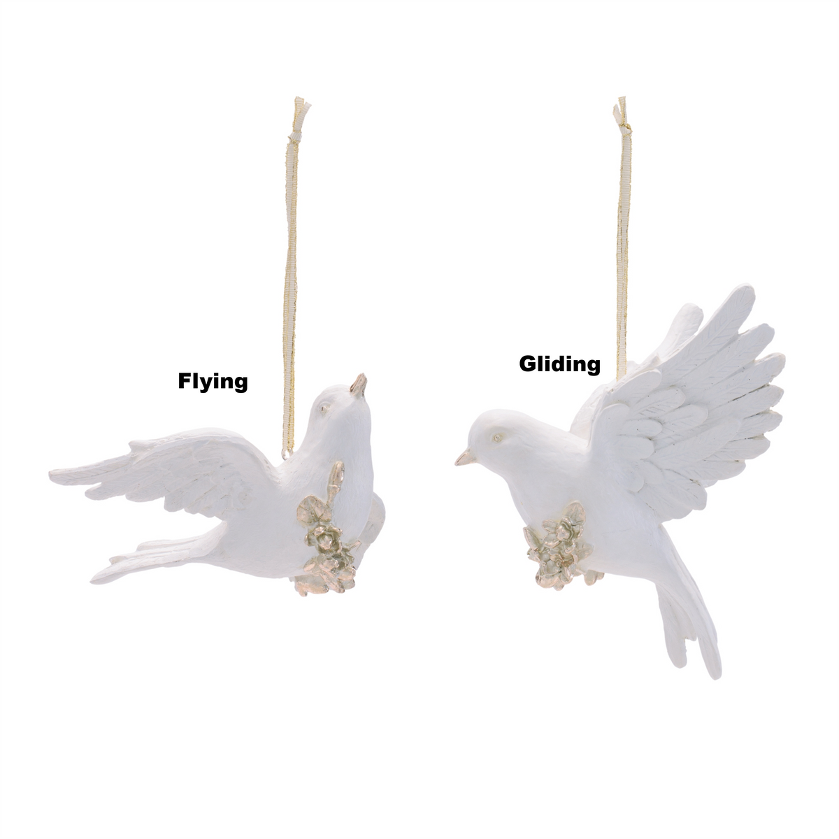 White resin dove ornaments in flying and gliding poses with gold floral accents and hanging strings.