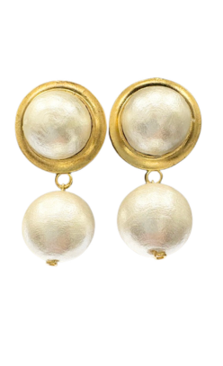 Double pearl drop earrings featuring a gold-rimmed stud and a dangling round pearl.