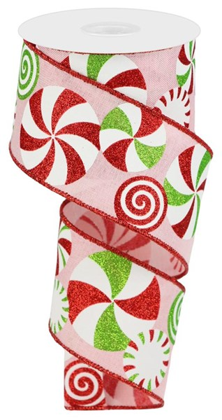 A roll of royal blue polyester ribbon with a peppermint candy pattern.
