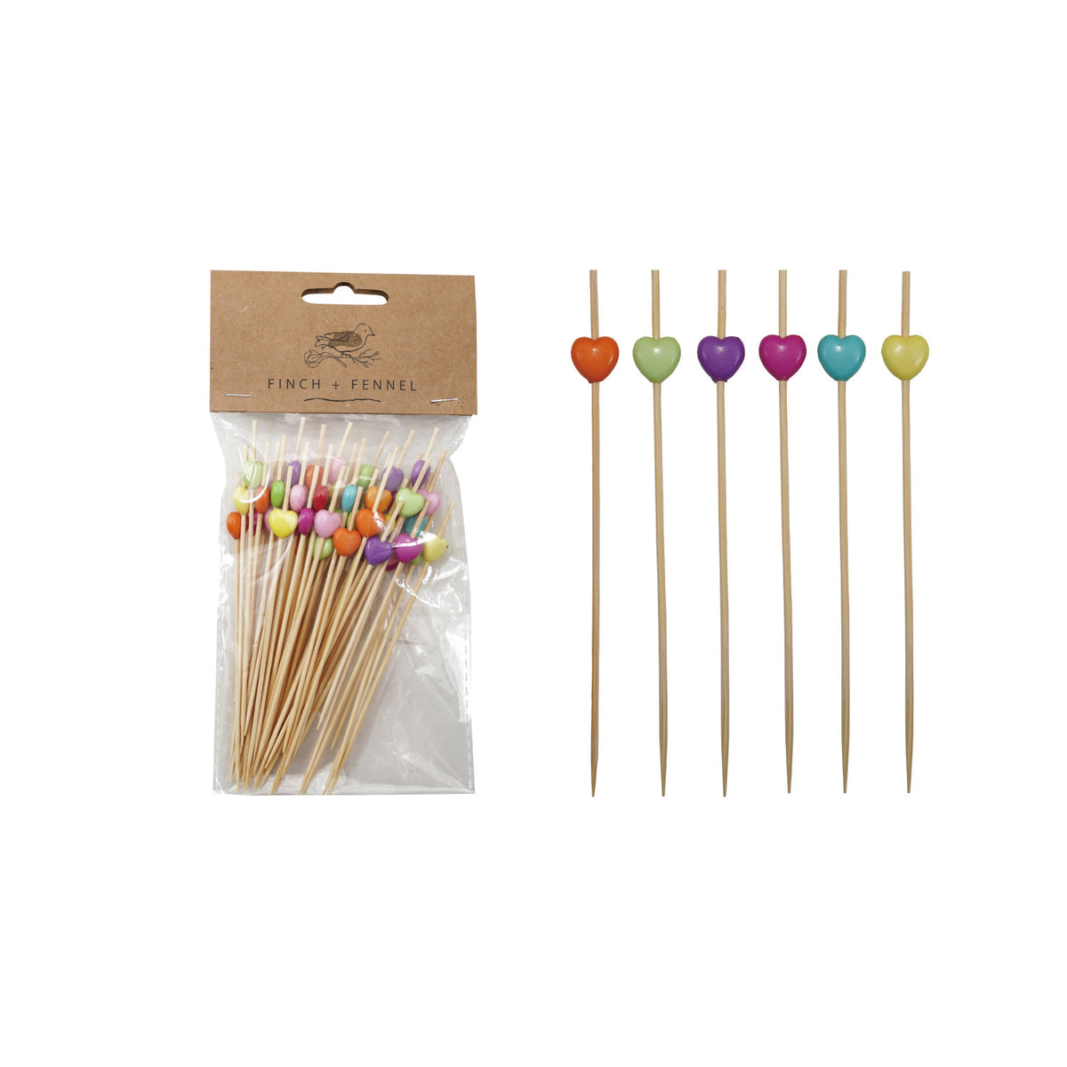 Bamboo single-use food picks featuring heart-shaped handles with a natural wood finish.