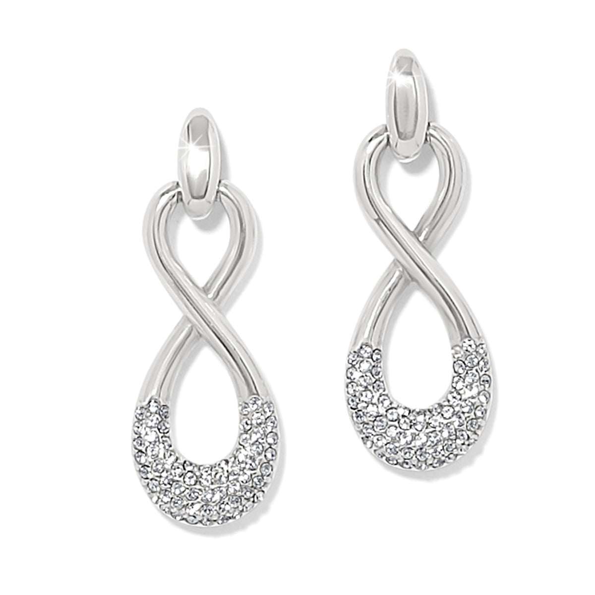 Silver plated Interlok Luxe post drop earrings with an infinity design and fine quality crystals.