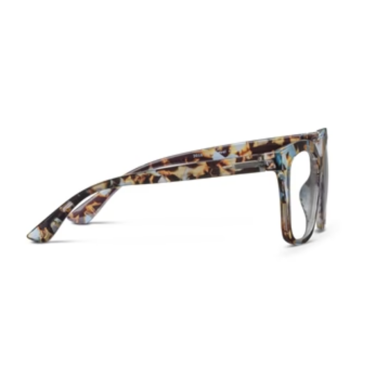 Side view of Next Level Progressives glasses with a blue and brown tortoiseshell patterned frame.