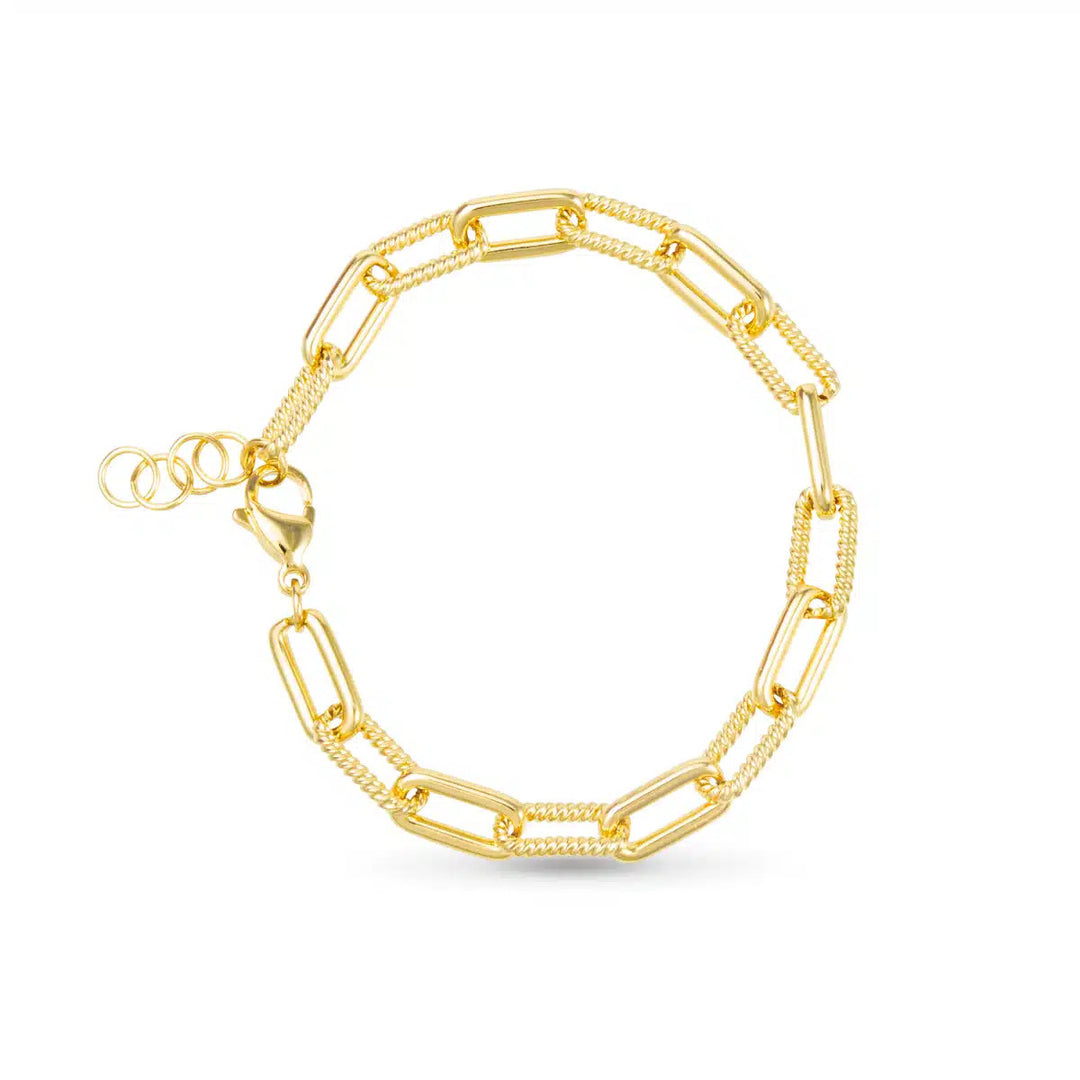 Pippa Bracelet in gold featuring alternating smooth and textured paperclip links with a lobster clasp