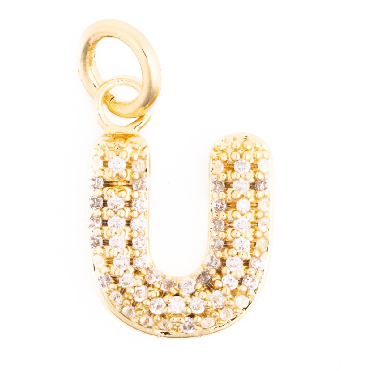Gold letter U charm pendant with pavé-set clear crystals and a circular bail.