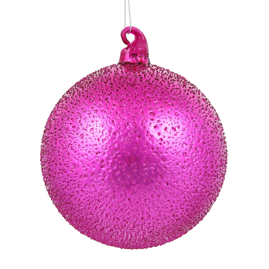 120mm fuchsia glass ball ornament with a textured, beaded surface and a matching hanging loop.