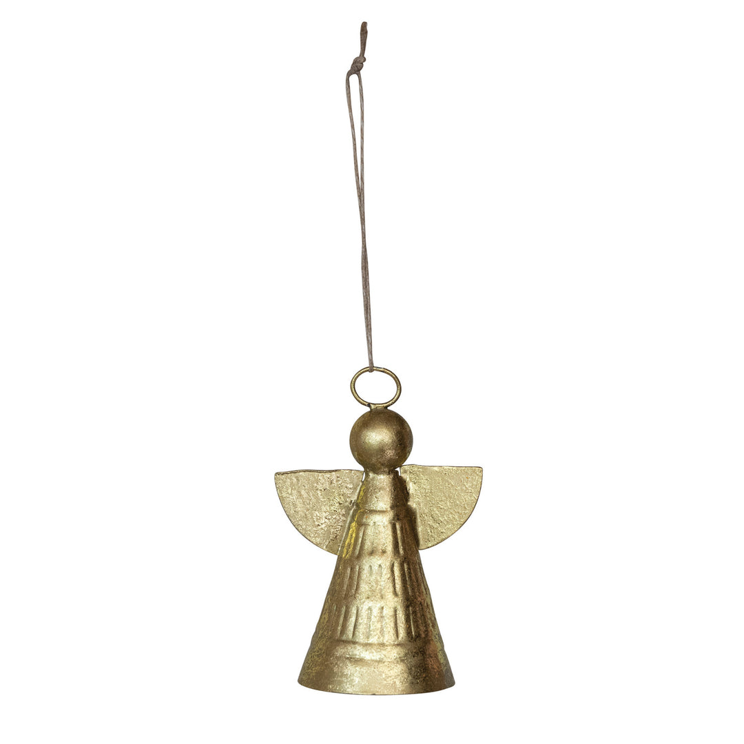 Gold finish metal angel ornament with wings and a hanging string.
