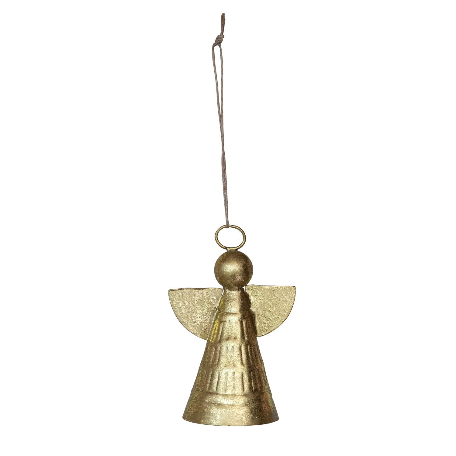 Gold finish metal angel ornament with wings and a hanging string.