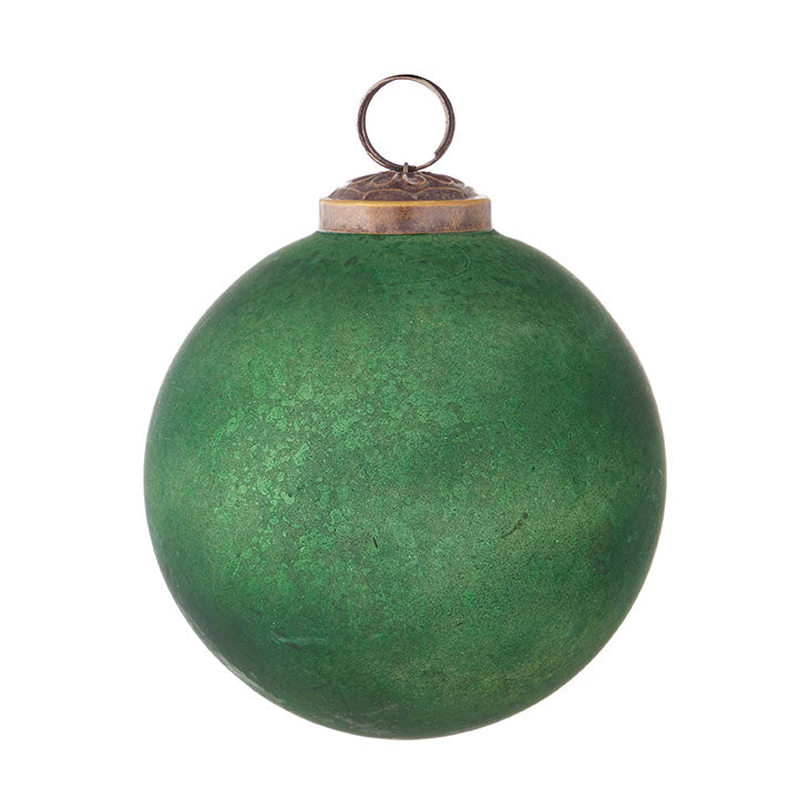 Green glass antique mercury ball ornament with a reflective silver finish.