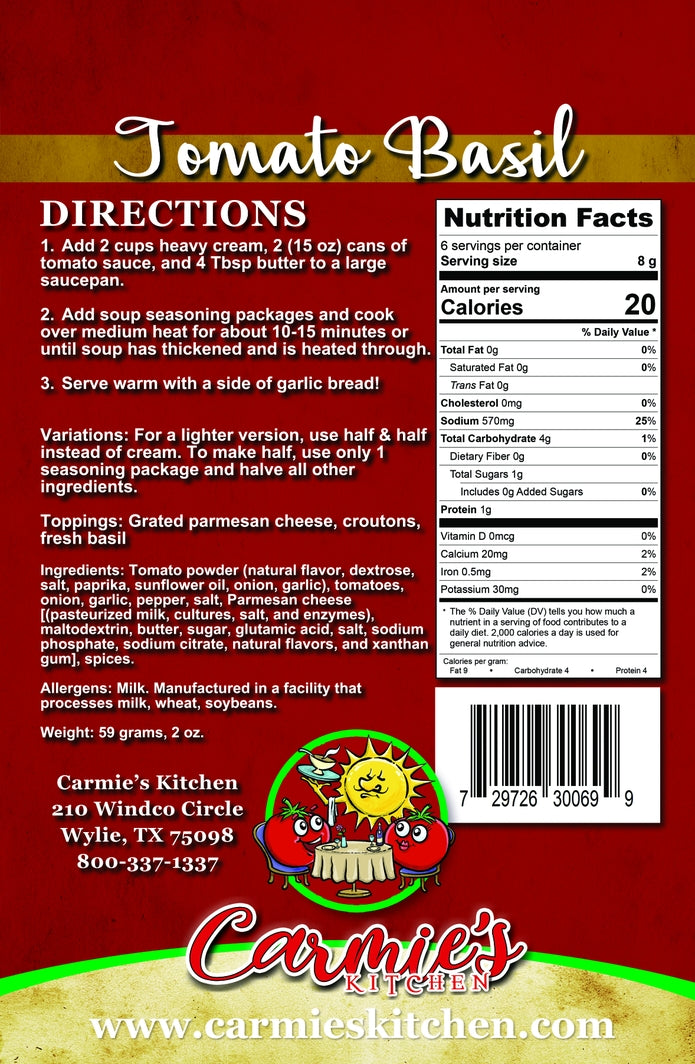 Tomato Basil Soup Mix container with red label showing tomato basil soup mix