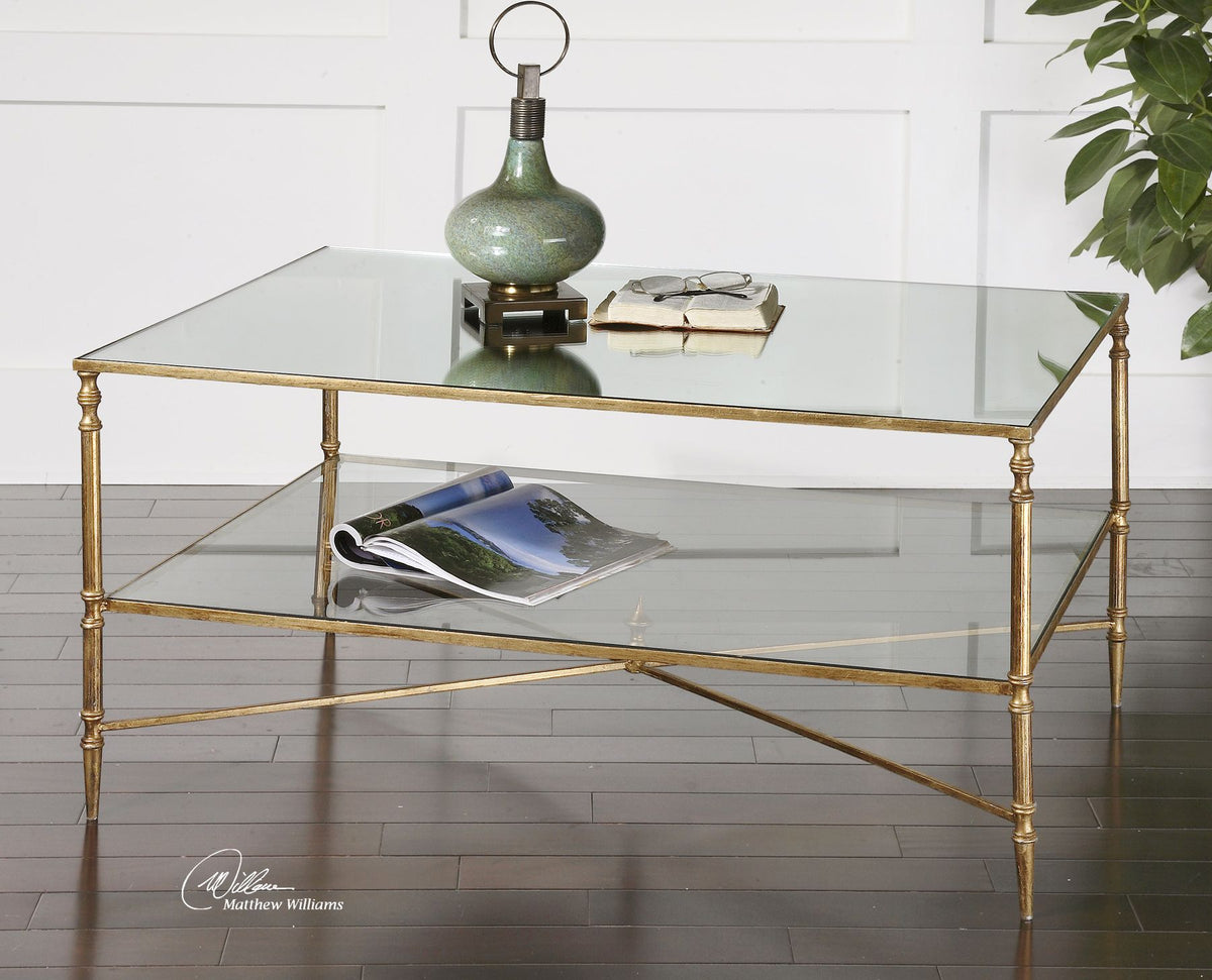 Rectangular mirrored glass coffee table with a sleek modern frame.