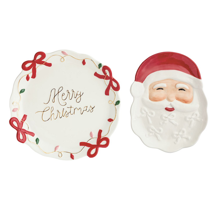Set of two hand-painted ceramic platters: one with 'Merry Christmas' and one shaped like Santa.