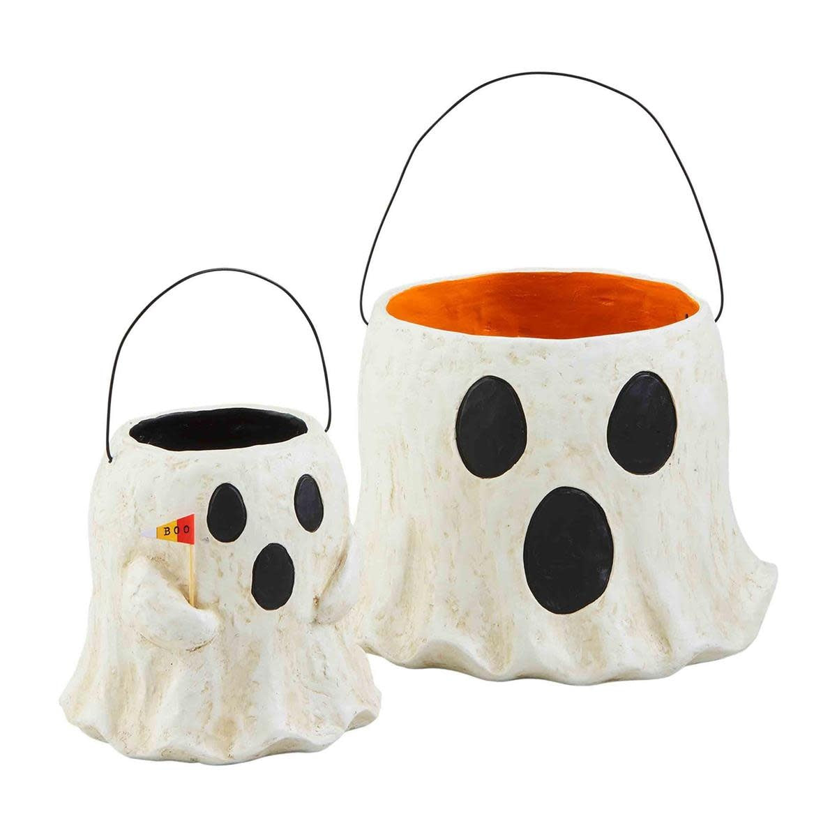 Two hand-painted papier-mache ghost treat buckets with eerie charm
